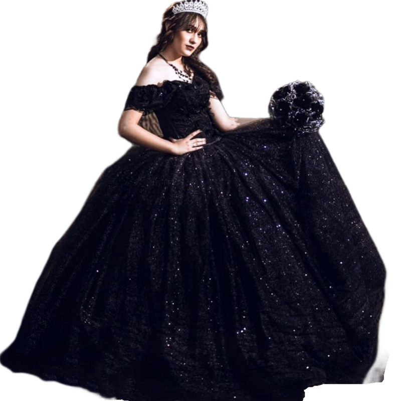 Vintage Black Quinceanera Dresses Off The Shoulder Sparkly Sequins Tulle Ball Gown Prom Party Sweet 15 Dress Sweetheart Corset Plus Size Vestido De No