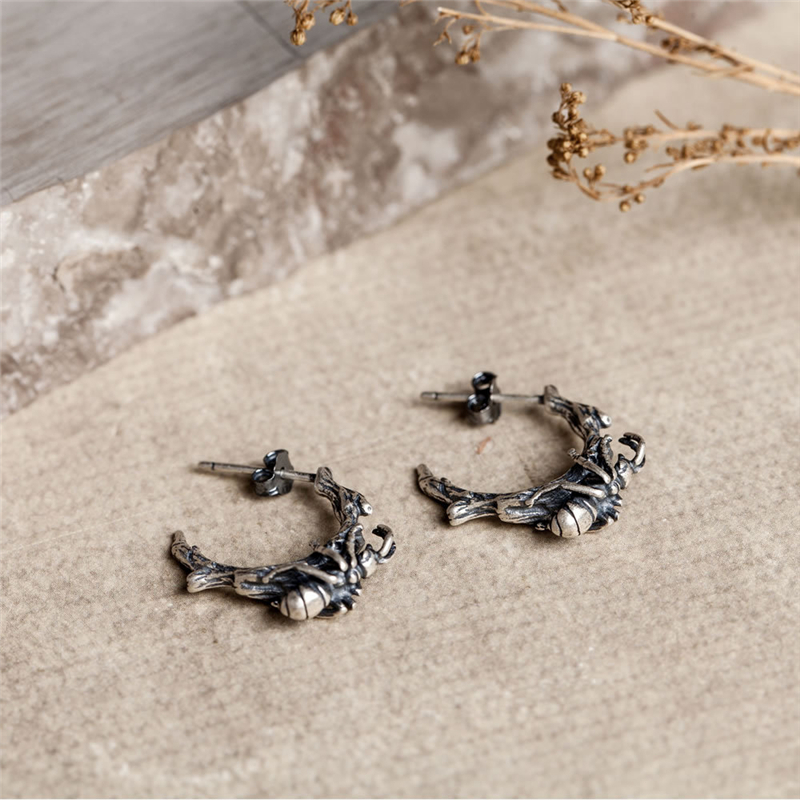 MKENDN Personalized Design Vintage 100% 925 Sterling SIlver Ants On The Tree Stud Earring Men Women Gothic Circle Dark Jewelry