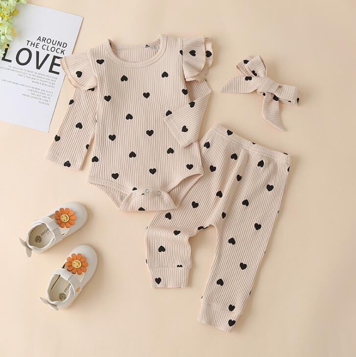 Cute Newborn Baby's Girls Ribbed Clithes Suit Toddler Infant Heart Print Crew Neck Lace Long Sleeve Top+Pants+Hairband Set