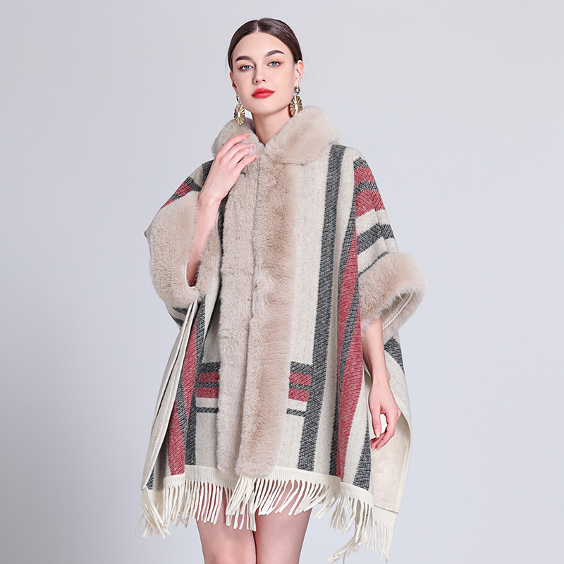 Lining Velvet Cardigan Outstreet Tassel Coat With Hat Oversize Mantle Women Winter Thick Cloak Fake Fur Collar Loose Poncho Cape