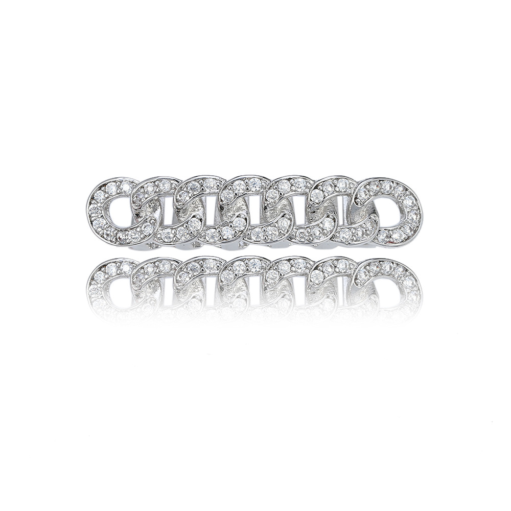 Hip Hop Cuban Chain Shape Teeth Grillz for Men CZ Stone Paved Bling Ice Out Rapper Jewelry Dental Mouth Caps Cosplay Party