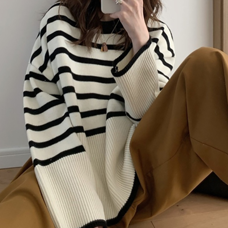 HELIAR Striped Loose Warm O-Neck Long Sleeve Thicken Knitted Pullovers Casual Sweater For Women 2023 Autumn Winter F6.24#22.6 ddmymarket