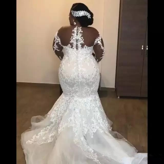 Amazing African Mermaid Wedding Dresses Beaded Lace Appliques Long Sleeve Bridal Gowns Sexy Sheer Plus Size Wedding gowns 2020