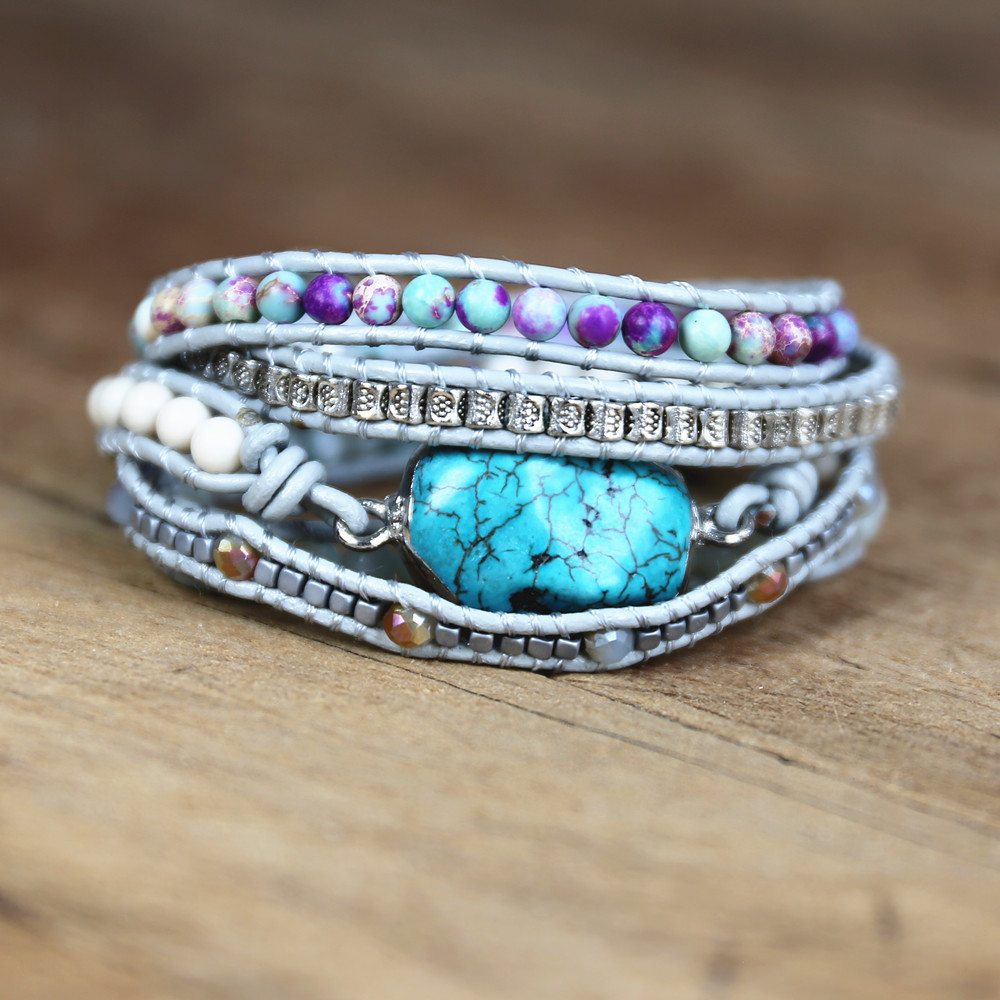 Women DIY Handmade Jewelry 5 Strand Mix Beads String Braided Bracelet Natural Amazonite Stone Bohemia Leather Wrap Bracelet
