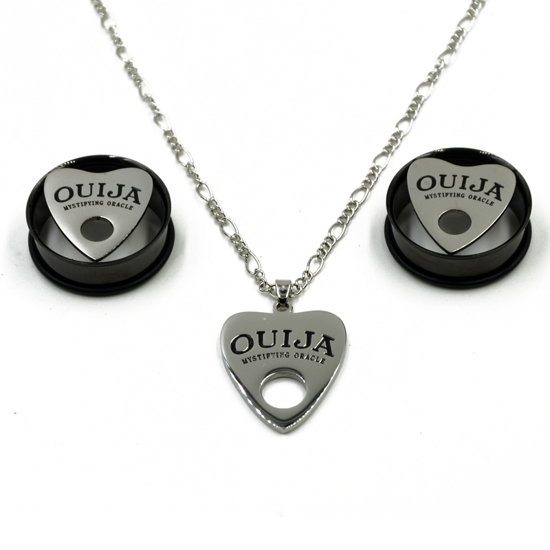 Showlove-2PCS Anoized Black Single Flare Eyelet Ear Tunnel Plugs Gauge Expanders & 1PC Ouija Necklace Body Jewelery