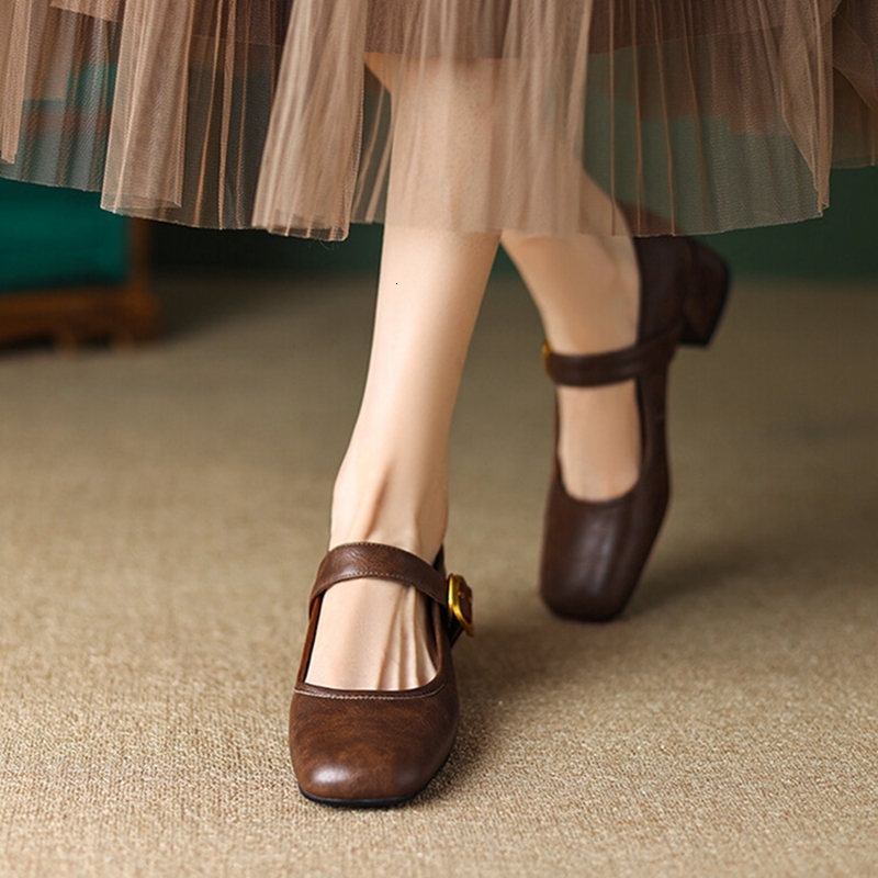 NEW Spring Pumps Split Leather For Women Round Toe Chunky Classical Low Heel Mary Janes Belt Buckle Shoes