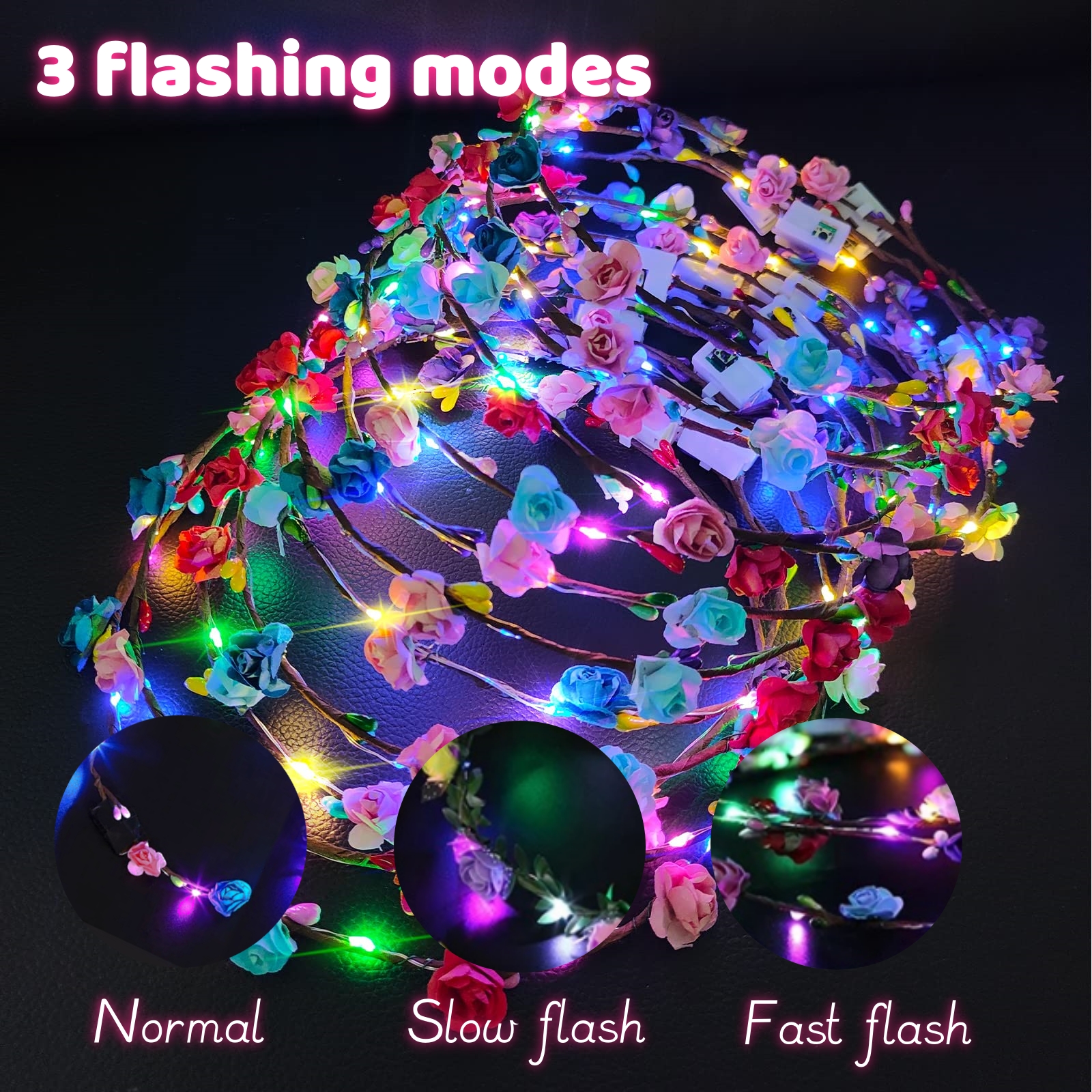20-60PCS LED Flower Headband Crown Mardi Gras Light Up Headband for Women Floral Headpiece for Wedding Beach Dark Party Birthday