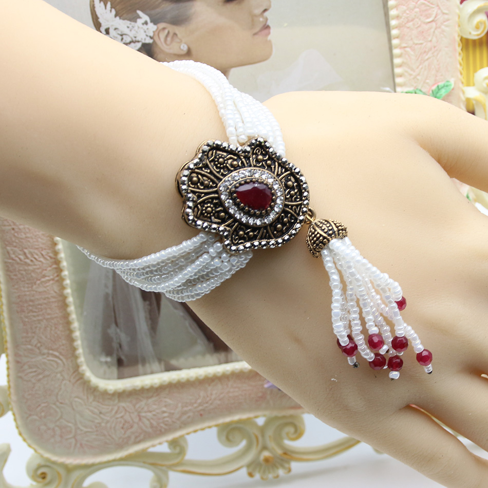 Vintage Beaded Bracelet Turkish Women Tulips Flower Resin Antique Gold Color Charm Bracelets Ethnic Jewelry Bridal Bijoux Gift