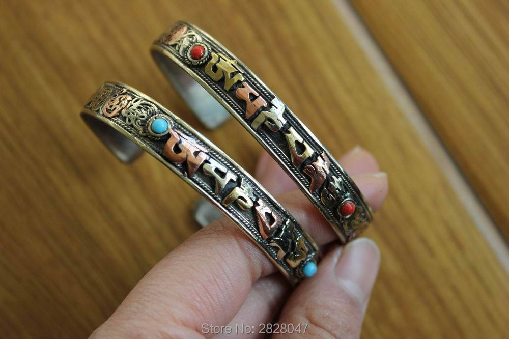BR423 Tibetan 3 Metal Copper Brass 6 words mantran Om Mani Padme Hum Bangle Nepal Handmade Open Back Adjustable Bracelet Cuff