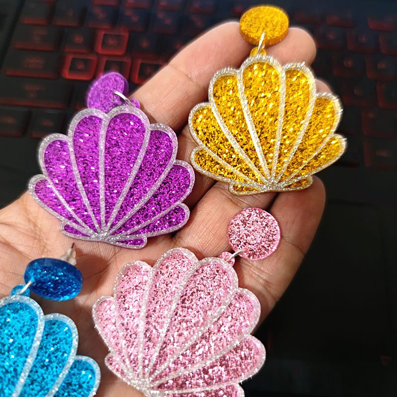 KUGUYS Cute Acrylic Jewelry Shell Drop Earrings for Girls Women Glitter Purple Pink Blue Gold Color Trendy Accessories