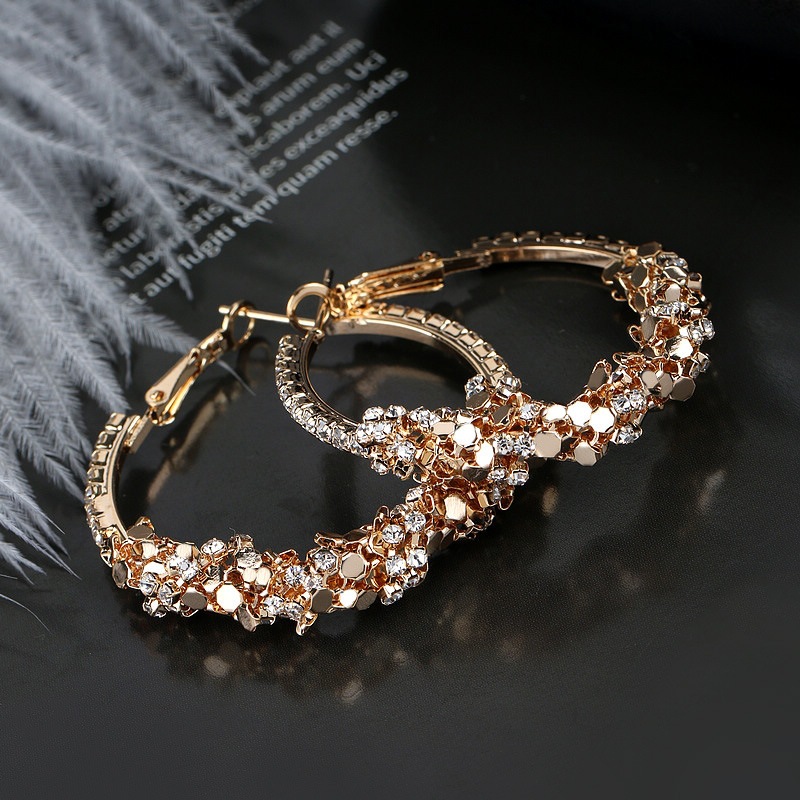 925 Sterling Silver Needle Hoop Earrings for Women Jewelry Gold Statement Rhinestone Rhombus Elegant Female Large Round Earrings