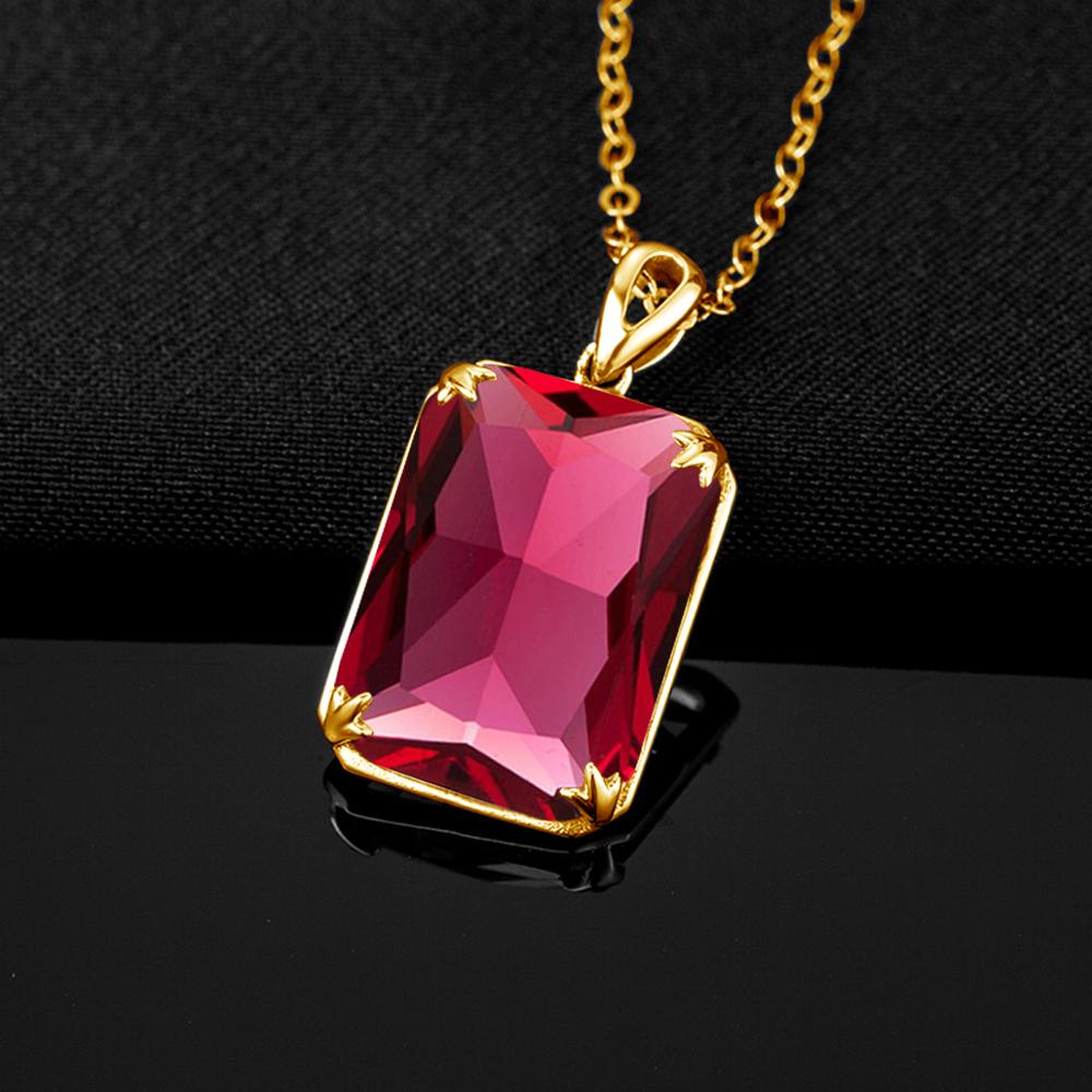 Szjinao 14K Gold Color Ruby Pendant Necklace For Women Real 925 Sterling Silver Handmade Rectangle Designer Trendy Fine Jewelry