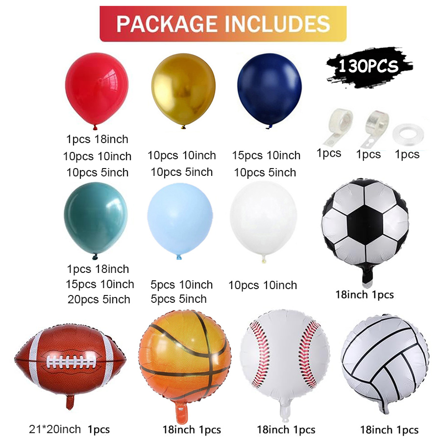 130pcs Sports Balloons Garland Arch Kit Baseball Basketball Rugby Football Boy Girl Men Happy Birthday Party Globos Arche Ballon