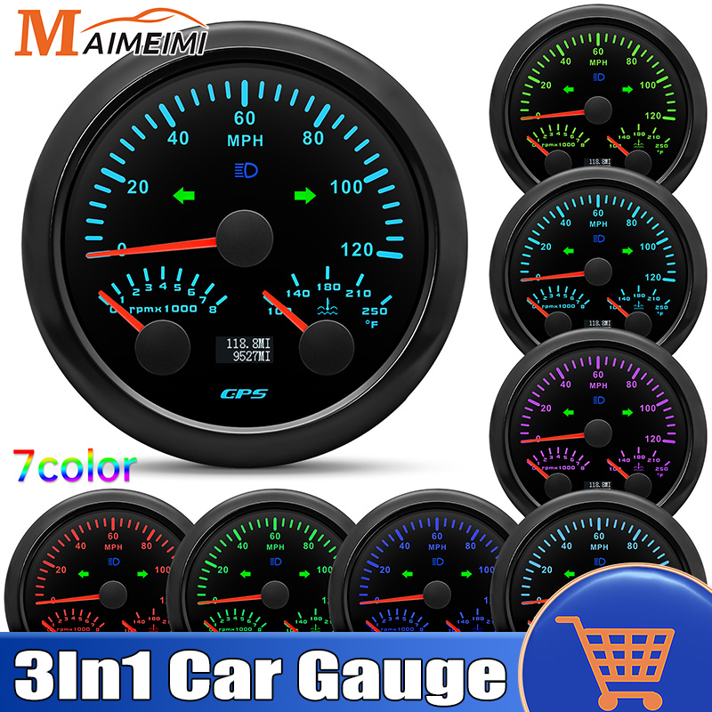 12v 24v Universal 7-color Backlight Waterproof 3In1 Car Gauge MPH Speedometer + PRM Tachometer + °F Water Temperature Gauge