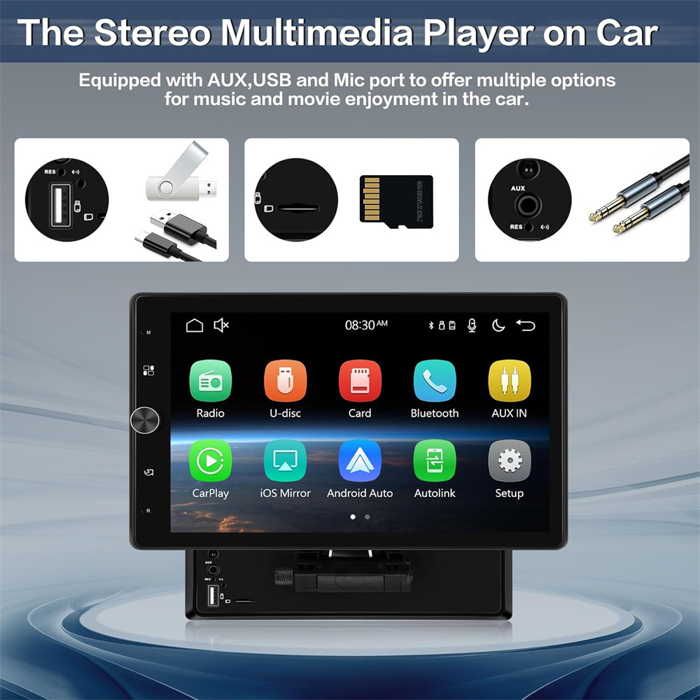 1 Din 10.4 inch Car Radio Multimedia Player Wired Carplay Android Auto Audio Stereo Bluetooth FM Anticlockwise Rotate 90° WINCE