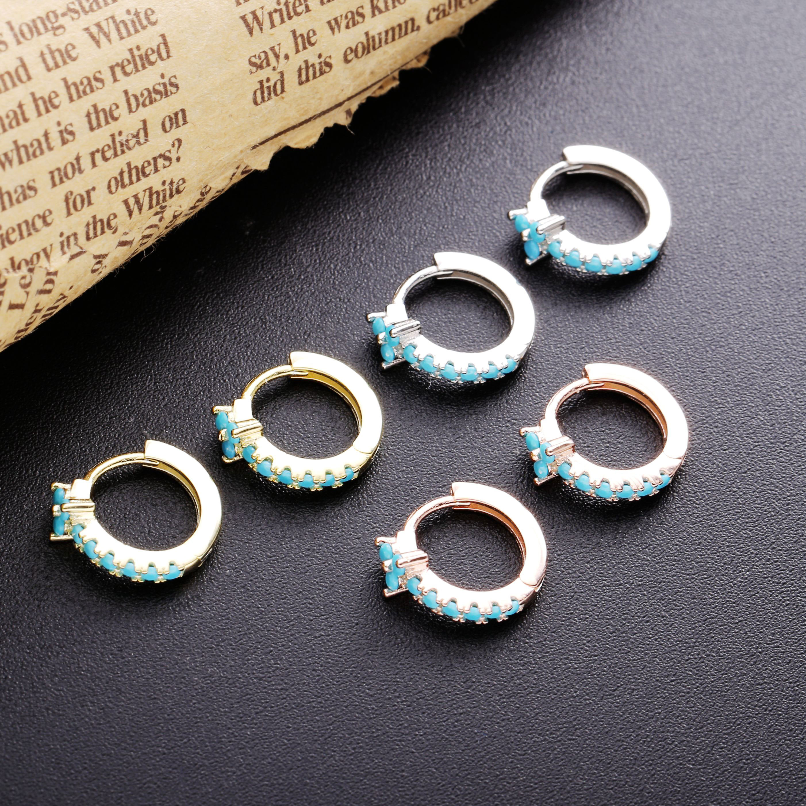 Moonmory 925 Sterling Silver Turquoise Hoop Huggies Earrings For Women Blue Stone CZ Circle Female Engagement Earring Jewelry