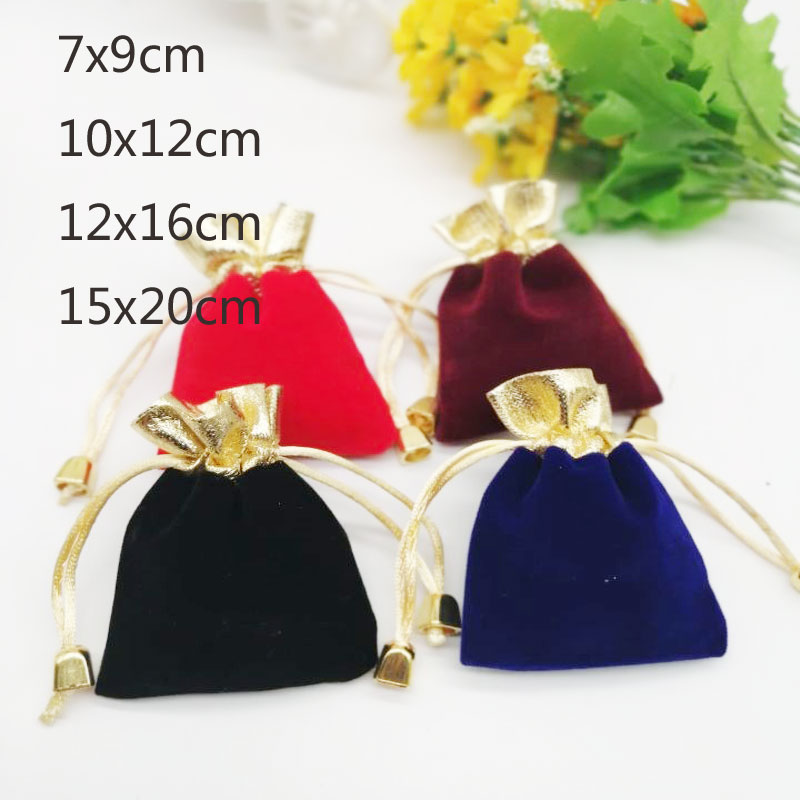 Hot 100pcs/Lot 7x9 9x12 12x16 15x20cm Drawstring Velvet Bags Jewellery Pouch Phnom Penh Gold Bead Gift Package Bags