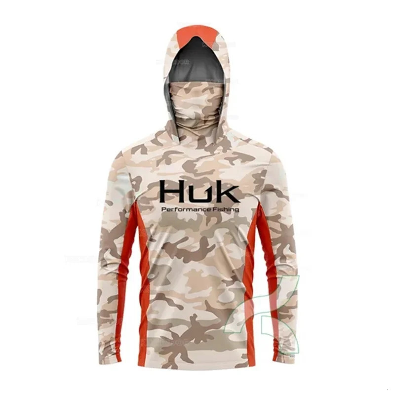 HUK Fishing Shirt Long Sleeve Anti-UV Fishing Hooded Shirts With Face Mask Fish Clothing Outdoor Sun Protection T-shirts UPF 50 240615