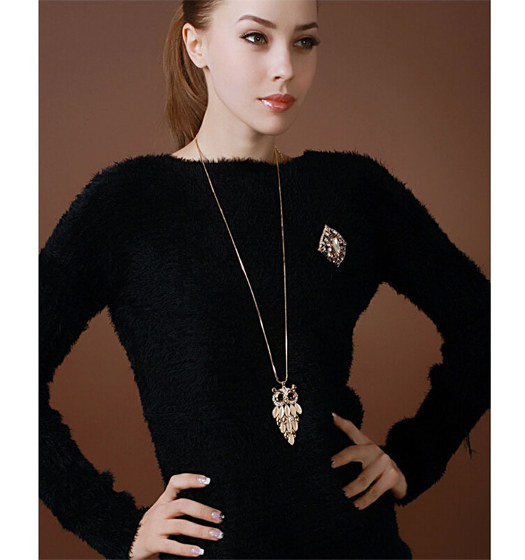 Ajojewel Retro Synthetic Opal Owl Pendant Necklaces Long Sweater Chain Jewelry For Women Party Anniversary Accessories