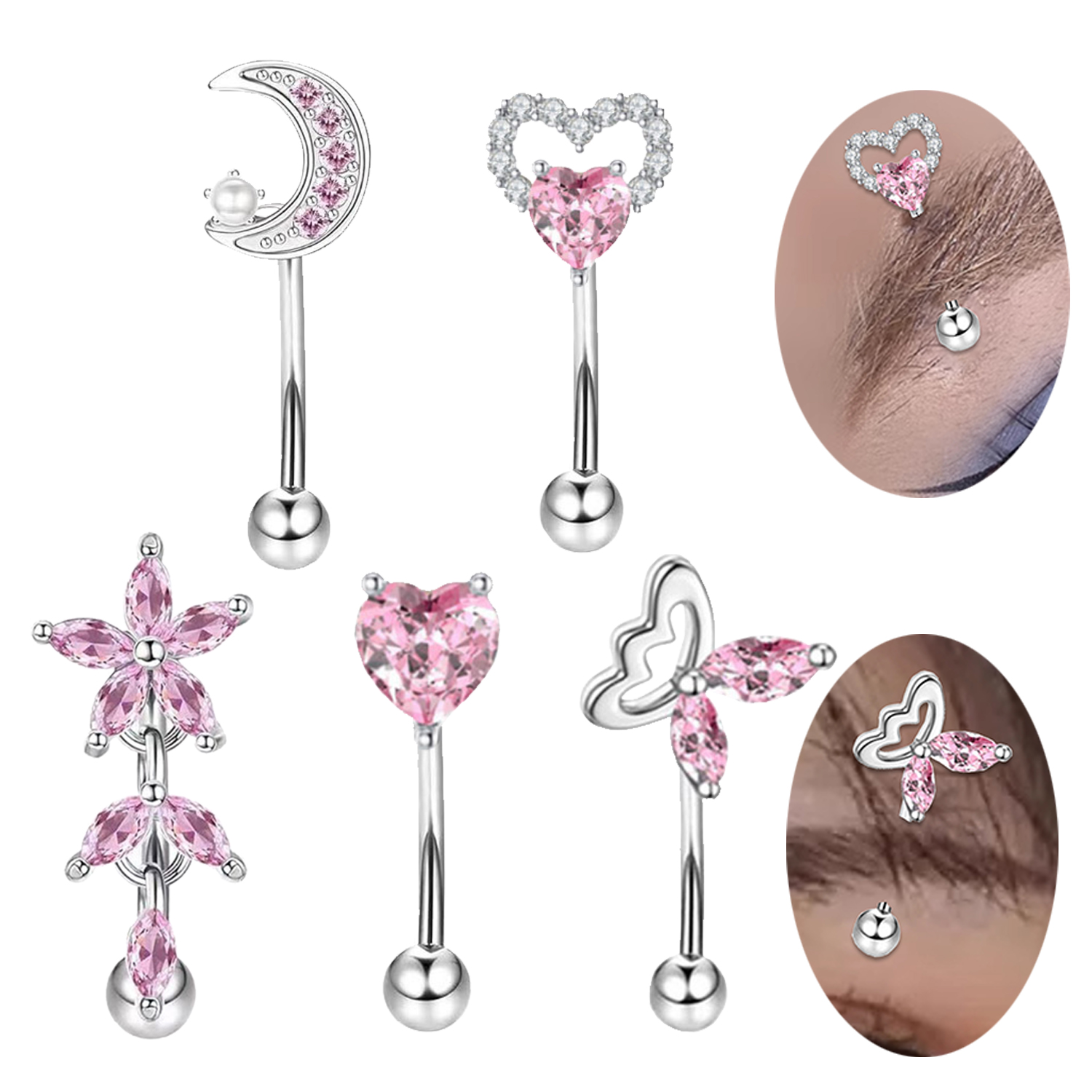 Heart Eyebrow Piercing Set Crystal Curved Barbell Piercing Flower Rook Earring Bulk Star Eyebrow Ring Color Earring
