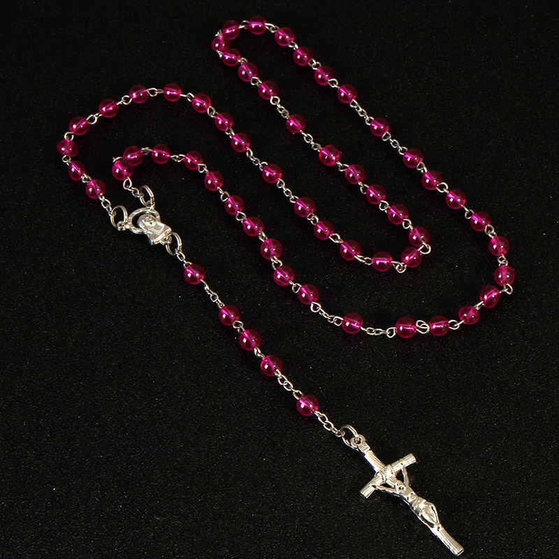 6mm Blue Pearl Beads Rosary Pendant Necklace Alloy Cross Virgin Mary Center Accessories Christian Catholic Religious Jewelry