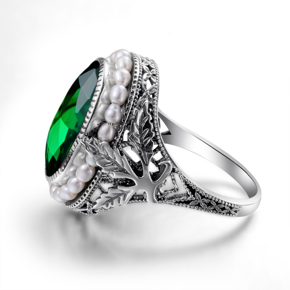 Szjinao Ring silver Ring 925 Plain Natural Pearl Gemstone Rings For Women Emerald Green Stone Lace Vintage Engagement Sieraden