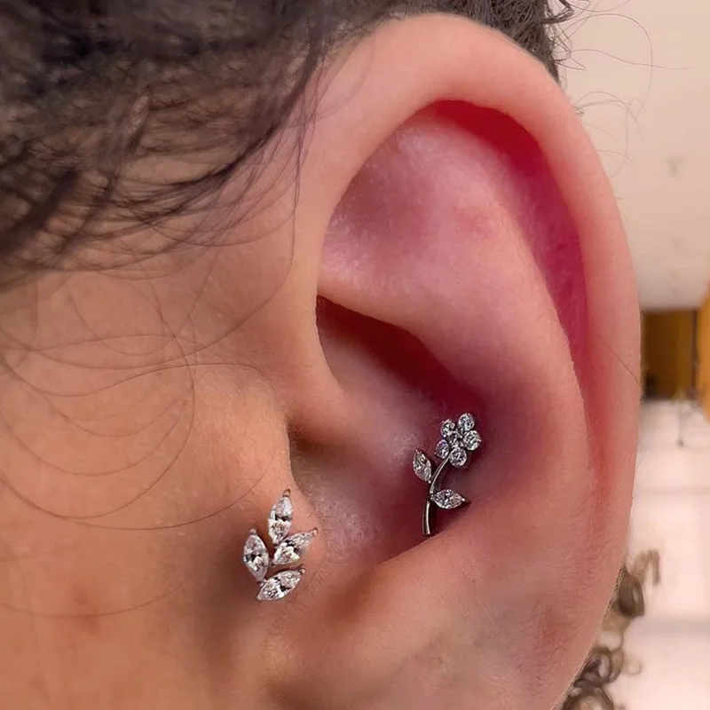 ASTM F136 Titanium EAR PIERC Leaf shape With CZ Top Cartilage Tragus Earrings ear Lip Helix Studs Tongue nail Piercing Jewelry