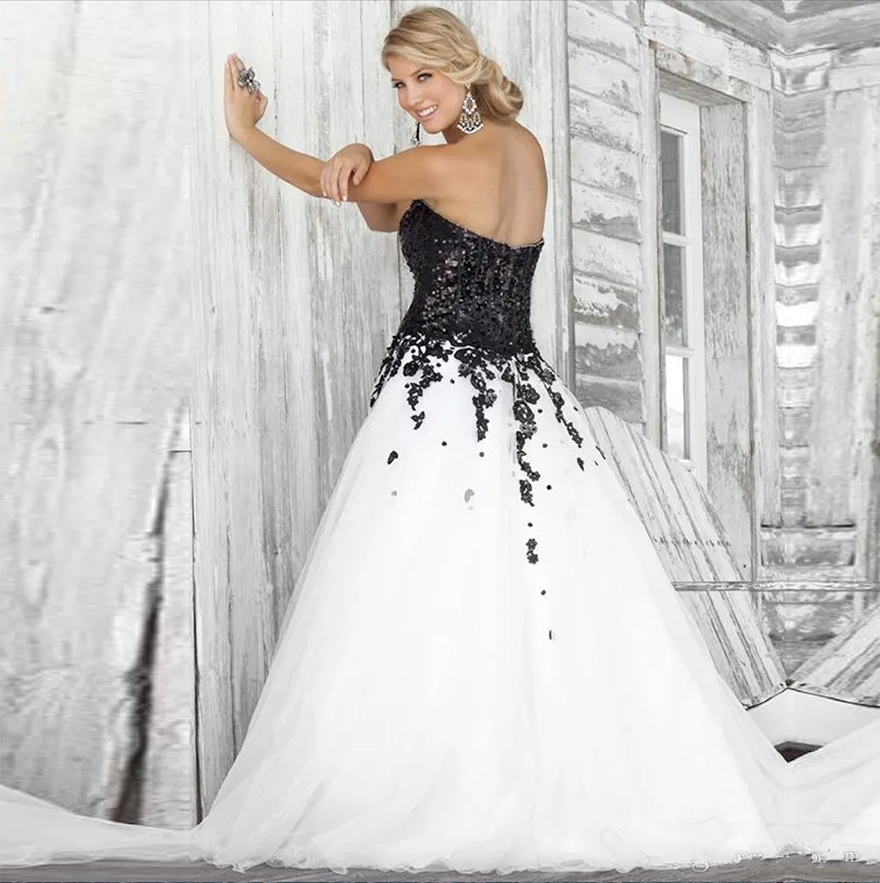 black and white wedding dresses sweetheart neckline lace applique sequined fashion bridal gowns custom made size