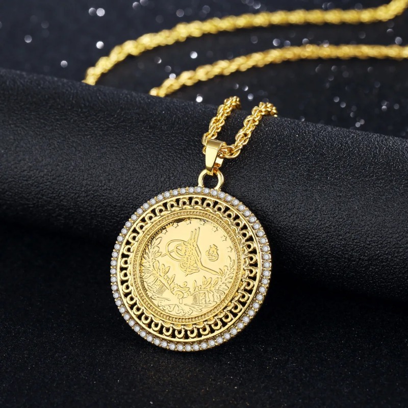 Turkish Totem Coin Pendant for Women, Ethnic Bridal Jewelry, Long Slip Chain, Gold Plated, Arabic, Muslim, Gift