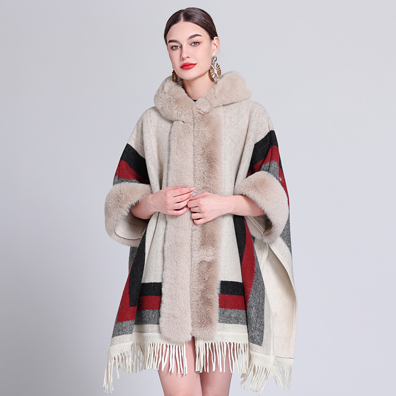 Lining Velvet Cardigan Outstreet Tassel Coat With Hat Oversize Mantle Women Winter Thick Cloak Fake Fur Collar Loose Poncho Cape