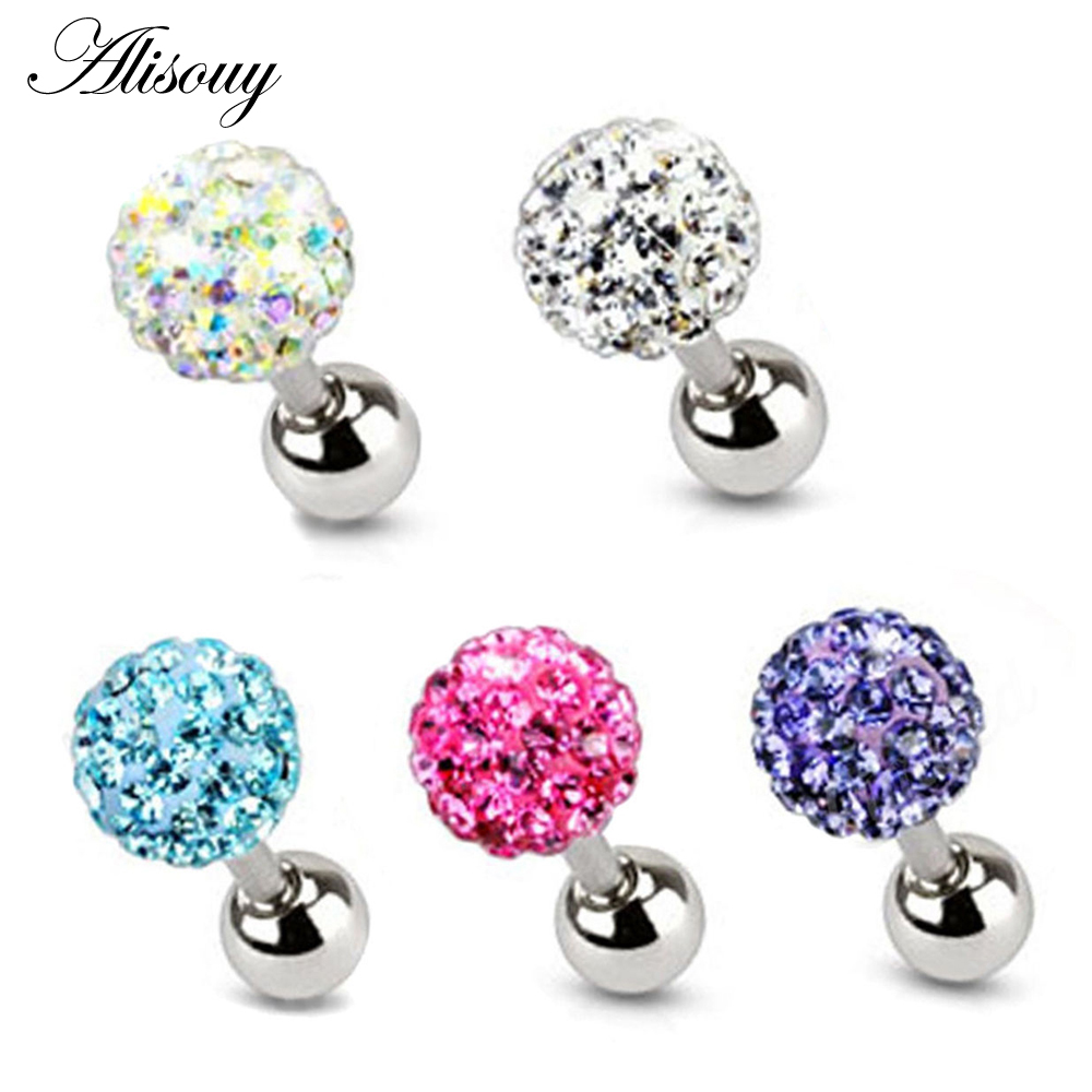 Alisouy 2PCS 3 4 5mm Trendy Crystal Ball Earrings Surgical Steel Ear Plugs Women's Ear Studs Screw back Body Piercings Jewelry
