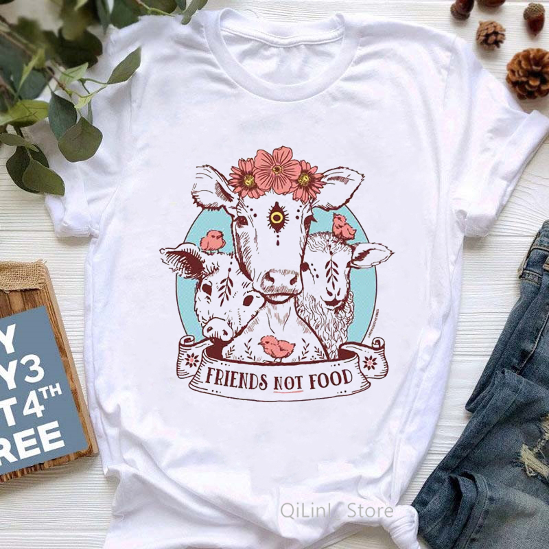 Women Vegetarian Friends Not Food Print T Shirt Vegan Animals Tshirt Funny Graphic Summer Female Harajuku Ladies Tops Tees