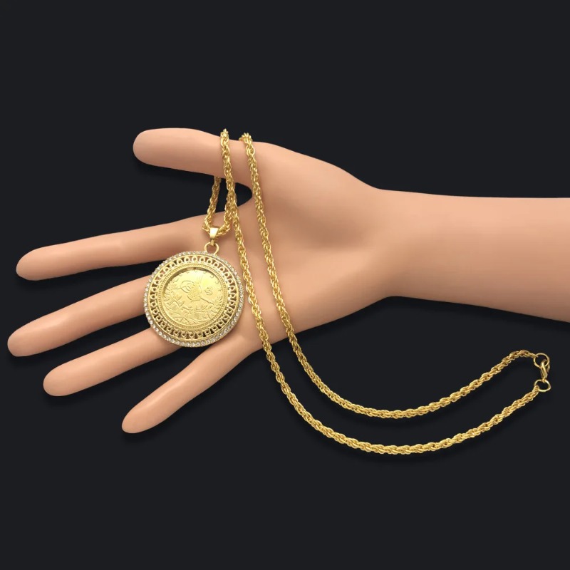 Turkish Totem Coin Pendant for Women, Ethnic Bridal Jewelry, Long Slip Chain, Gold Plated, Arabic, Muslim, Gift