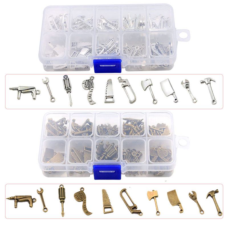 1Set 100Pcs/Lot 2Color 10Styles Hammer Saw Axe Charm Tool Pendant Kit With Box Material For DIY Jewelry Necklace Bracelet Making