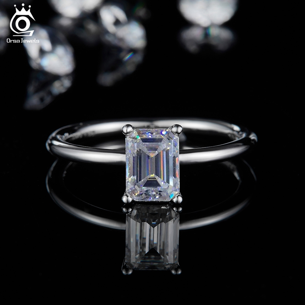 ORSA JEWELS 5x7mm Emerald Cut Moissanite Solitaire Rings Clarity S925 Silver Anniversary Ring Jewelry Gift for Women SMR56