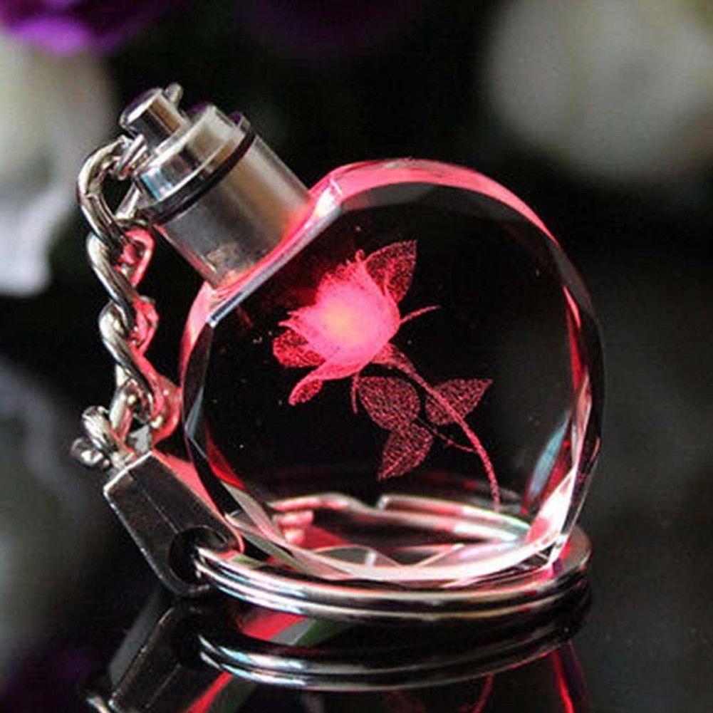 Trendy Artificial Colorful Fairy Crystal Rose Flower Heart Key Chain LED Keyring Jewelry Lovers Couples Keychain Valentines Day