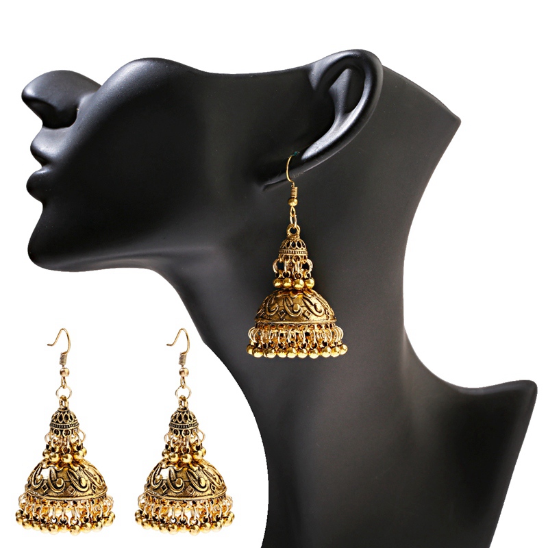 Indian Tibetan Jewelry Women's Gold Color Big Bell Jhumka Earrings Ethnic Gypsy Tassel Alloy Drop Earring Oxidized Jewelry