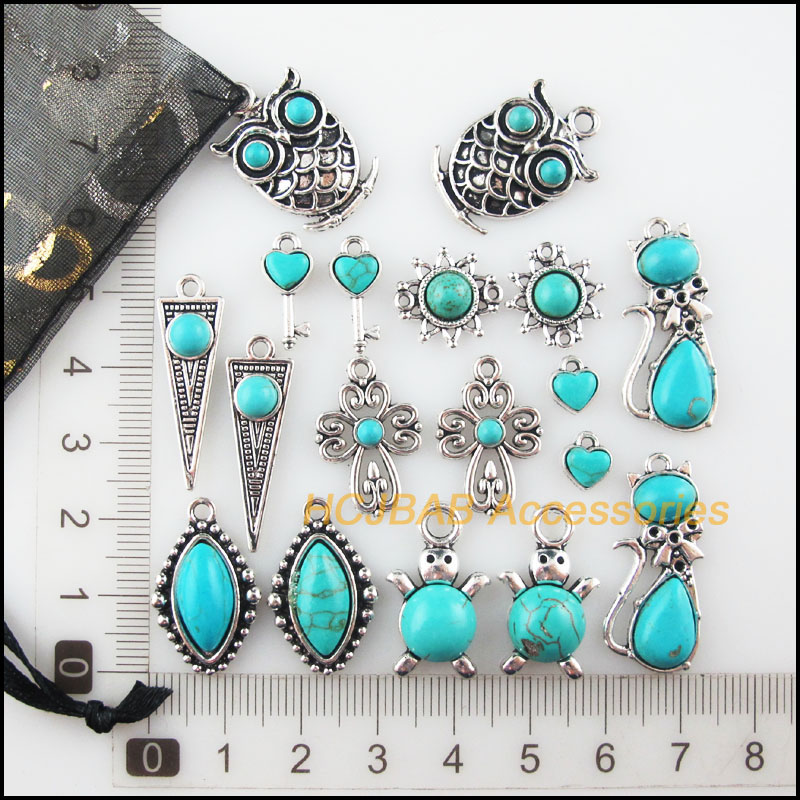 New Turquoise Stone Charms Cat Owl Cross Flower Key Oval Tibetan Silver Plated Pendants Retro