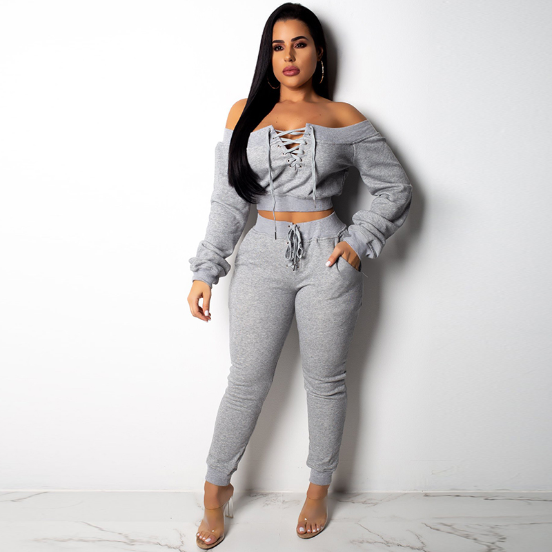 Sexy Club TWO PIECE SET Women Crop Top Cross Lace Up Long Sleeve Twin Suit Off Shoulder Sweatshirt Outfits Streetwear Tracksuit