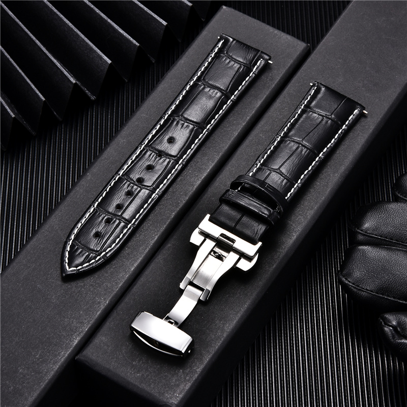 Bamboo Pattern Leather Watch Band Strap with Automatic Butterfly Deployment Clasp 20mm Straps Watch Accessories