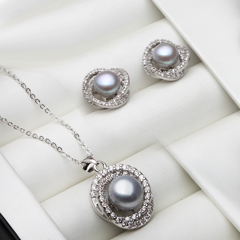 Real White Black Natural Pearl Necklace Earring Set For Women,Wedding 925 Sterling Silver Fine Jewelry Anniversary