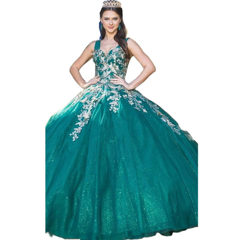 Sparkly Hunter Ball Gown Quinceanera Dresses With Gold Butterfly Lace Appliques Straps Sweetheart Floor length Sequin Prom Sweet 15 Dress For Girls La