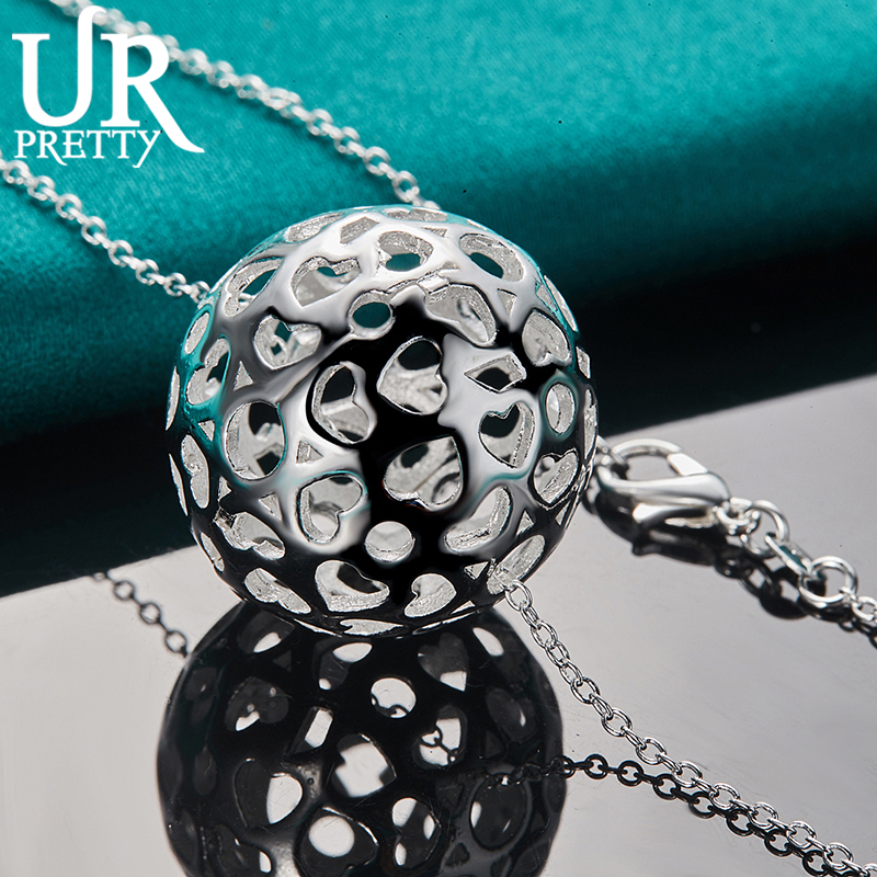 URPRETTY 925 Sterling Silver Hollow Exquisite Ball Pendant Necklace 16/18/20/22/24/26/28/30 Inch Snake Chain For Woman Jewelry