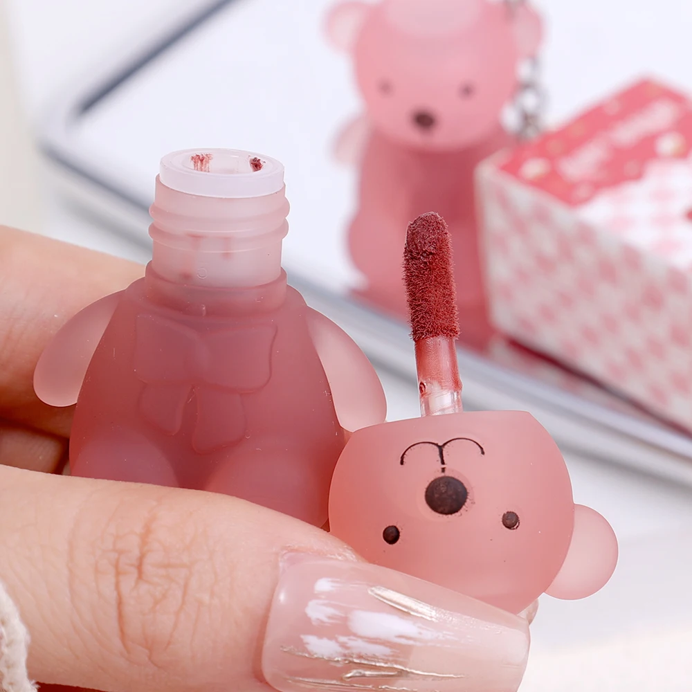 New 12 Colors Cute Bear Keychain Lip Mud Sexy Red Pink Matte Velvet Liquid Lipstick Waterproof Long Lasting Lips Makeup Cosmetic