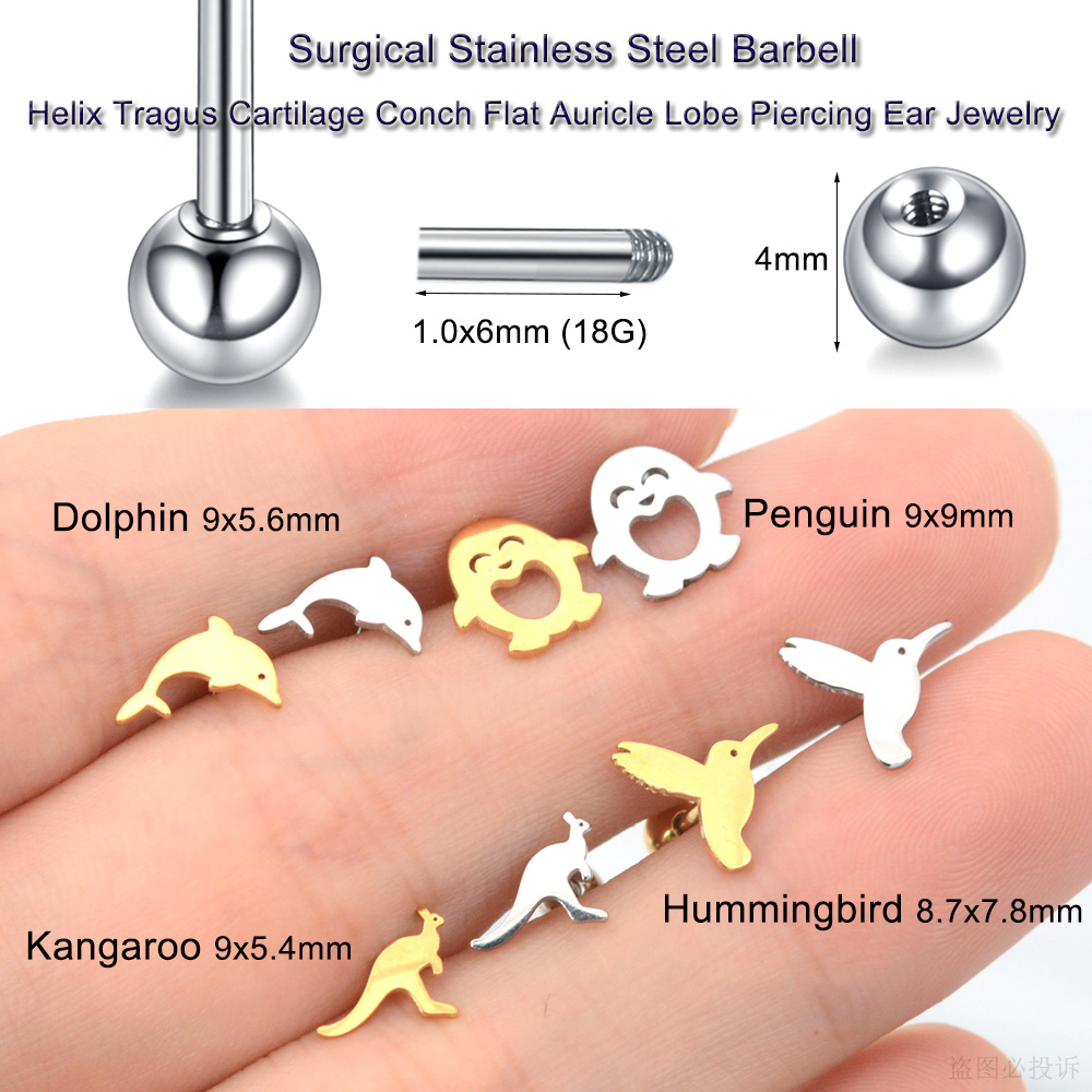 Starose 2Pcs Animal Dolphin Bird Ear Piercing Helix Stud Earring Surgical Steel Bar Tragus Cartilage Piercing Flat Conch Jewelry