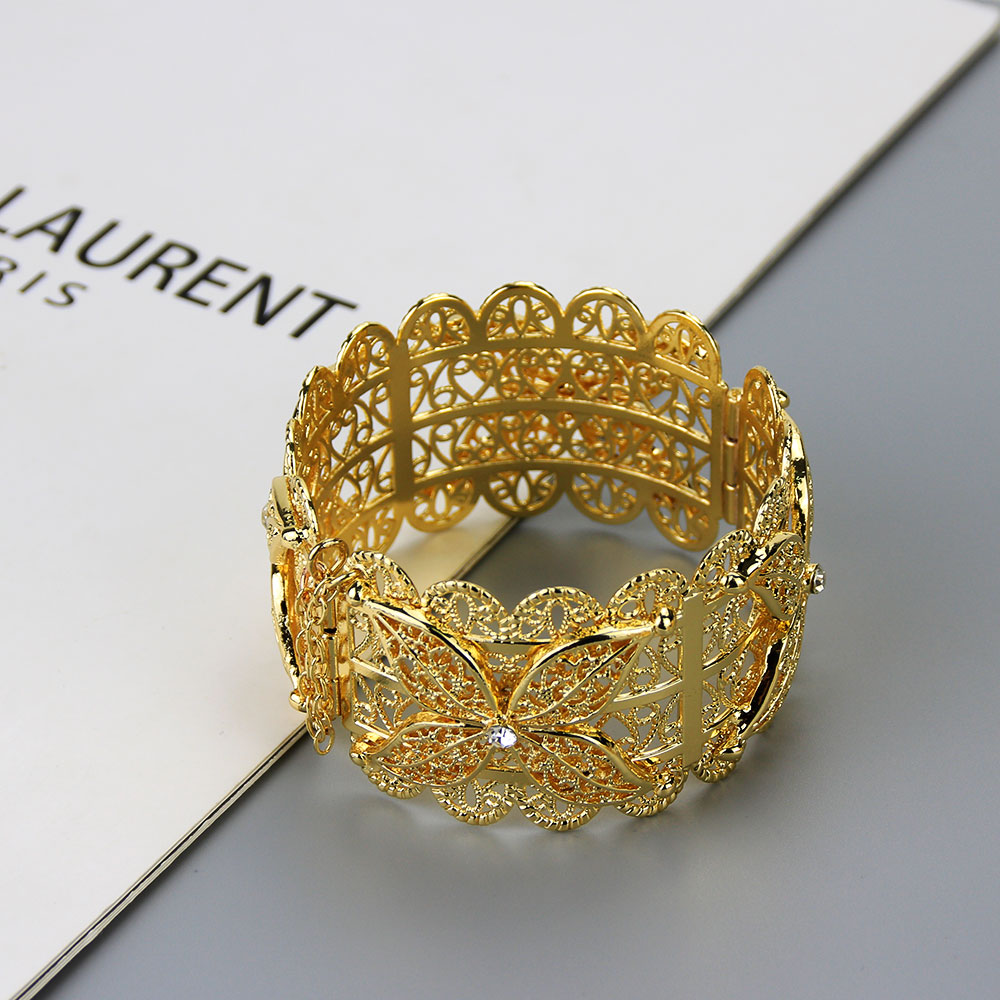 Sunspicems Algeria Metal Flower Bangle Cuff Bracelet for Women Gold Color African Ethnic Wedding Jewelry Morocco Banquet Gift