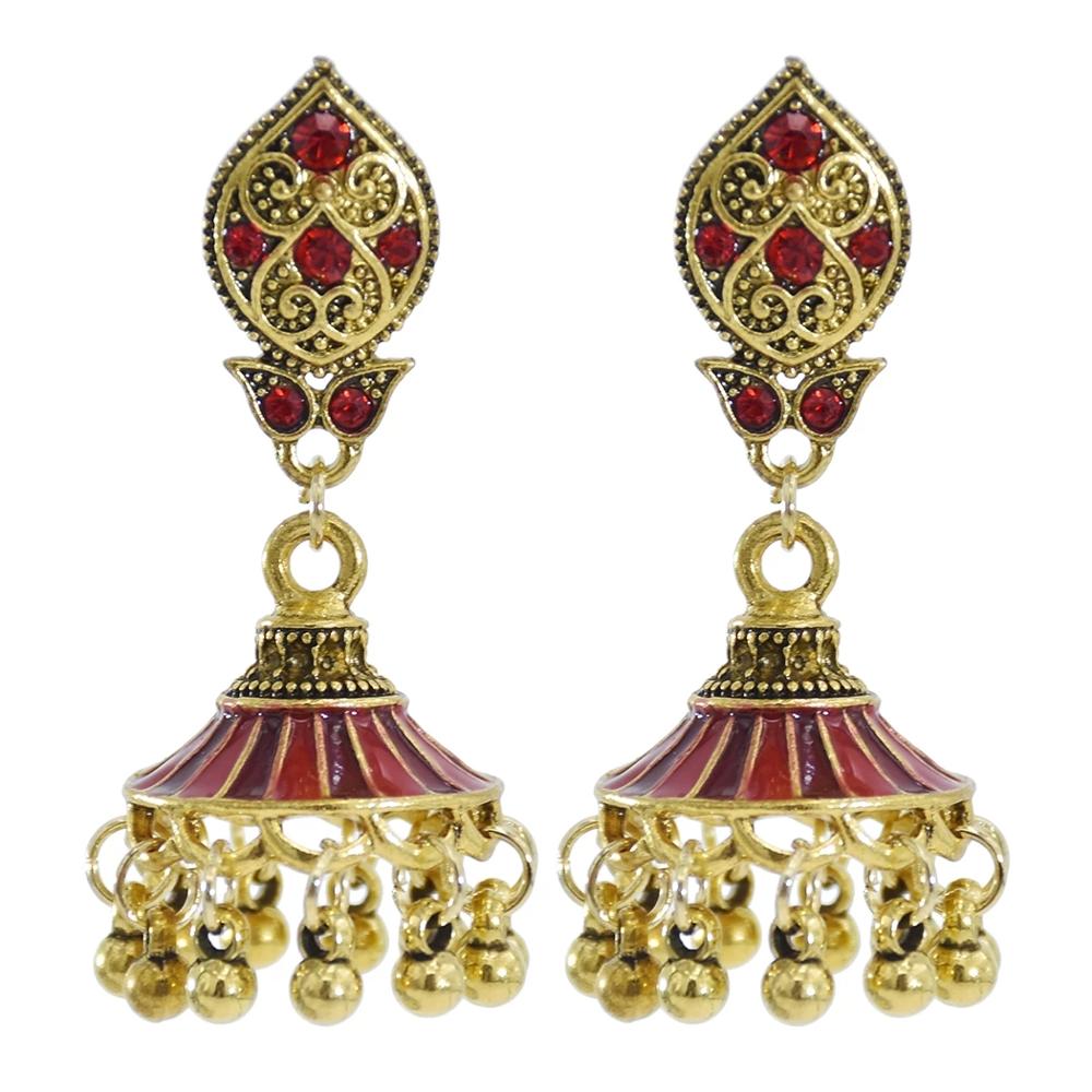 Indian Golden Bells Tassel Earrings For Women Boho Vintage Metal Rhinestone Flower Jhumka Earring Female Party Gift Kolczyki