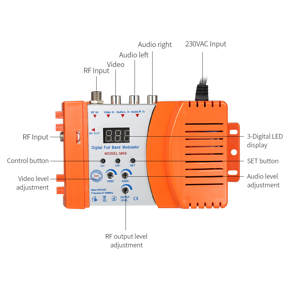 High Performance Auto RF Modulator Compact RF Modulator Audio Video TV Converter RHF UHF Signal Amplifier AC230V