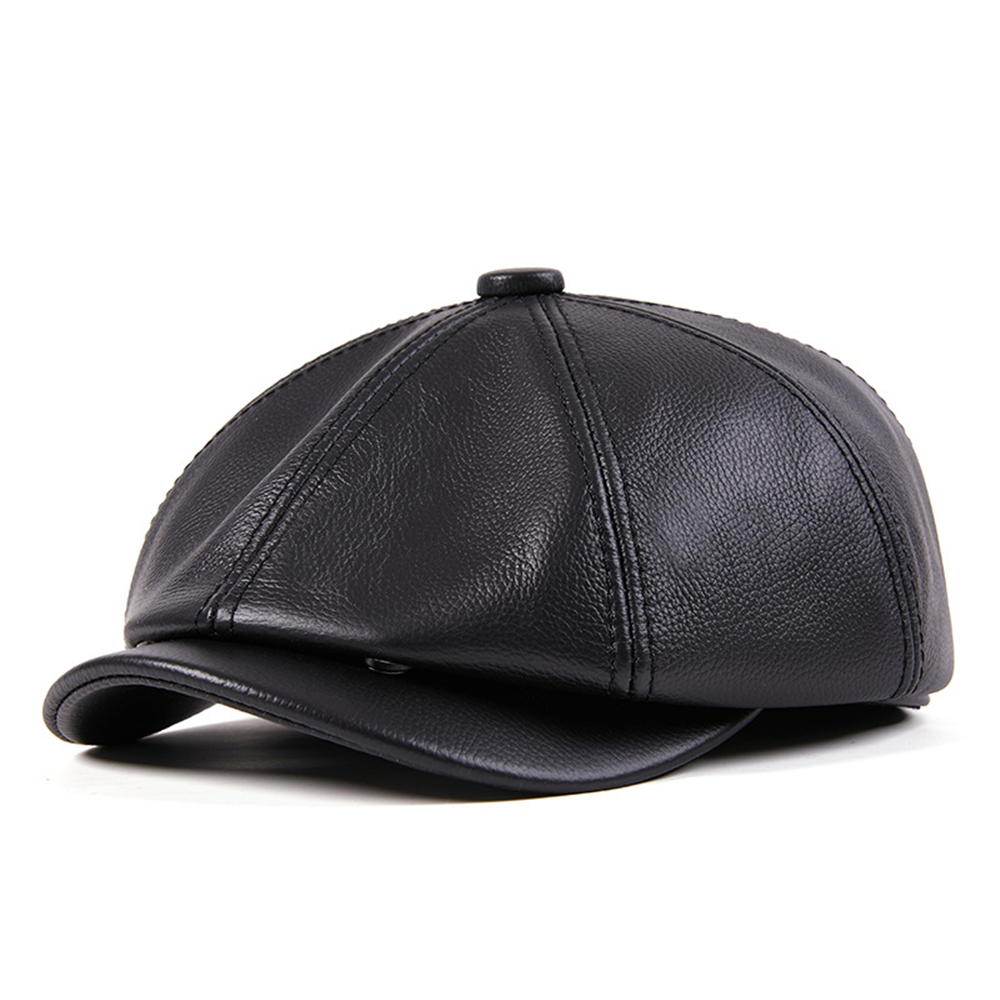 Genuine Leather Newsboy Cap Men High Quality Octagonal Hat Autumn Winter Beret Real Cowskin Flat Cap