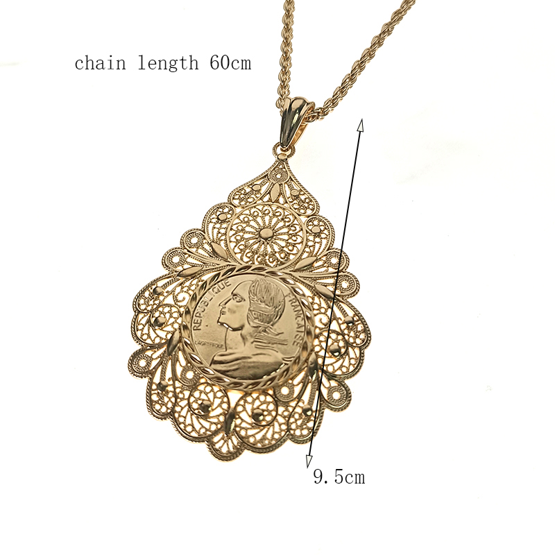 Gold Plated Pendant Necklace for Women, Moroccan Jewelry, Open, Metal, Arabesque Leaf, Long Chain, Wedding, Hip Hop, Ladies